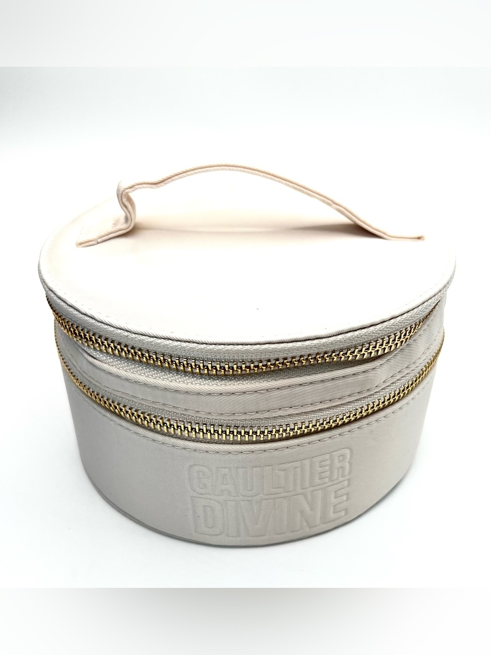 Gaultier Divine Vanity - Round Cosmetic Bag with Gold Accents in Cream